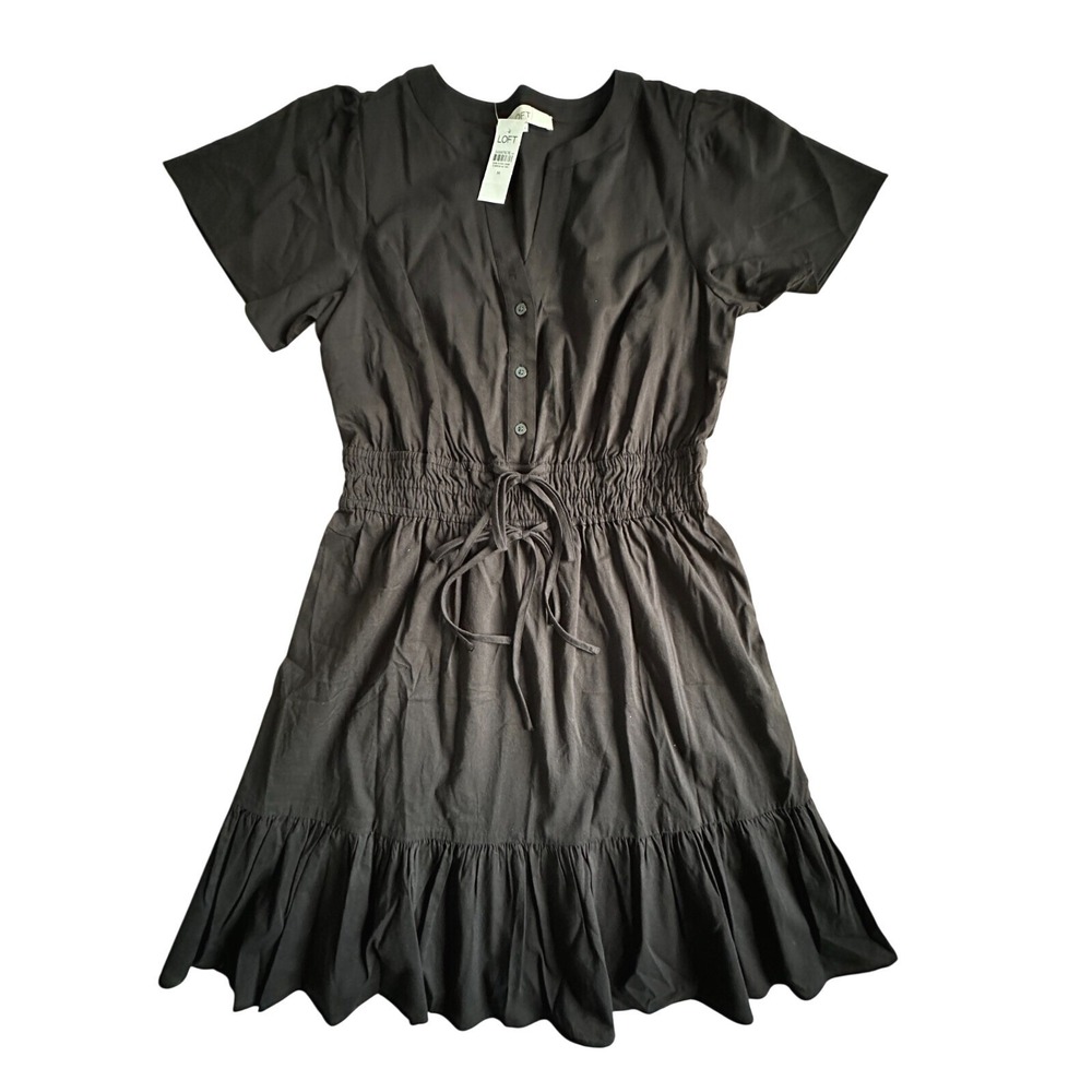 Loft front V-neck front button Double string elastic Waist Black Dress M